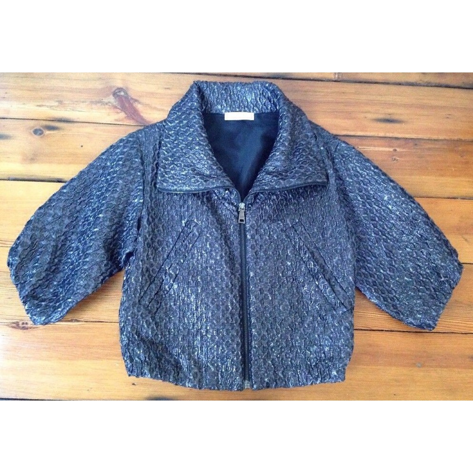 Prada Metallic Sparkle Lame Dark Gray Puff Cropped Sleeve Womens Jacket 42 Italy
